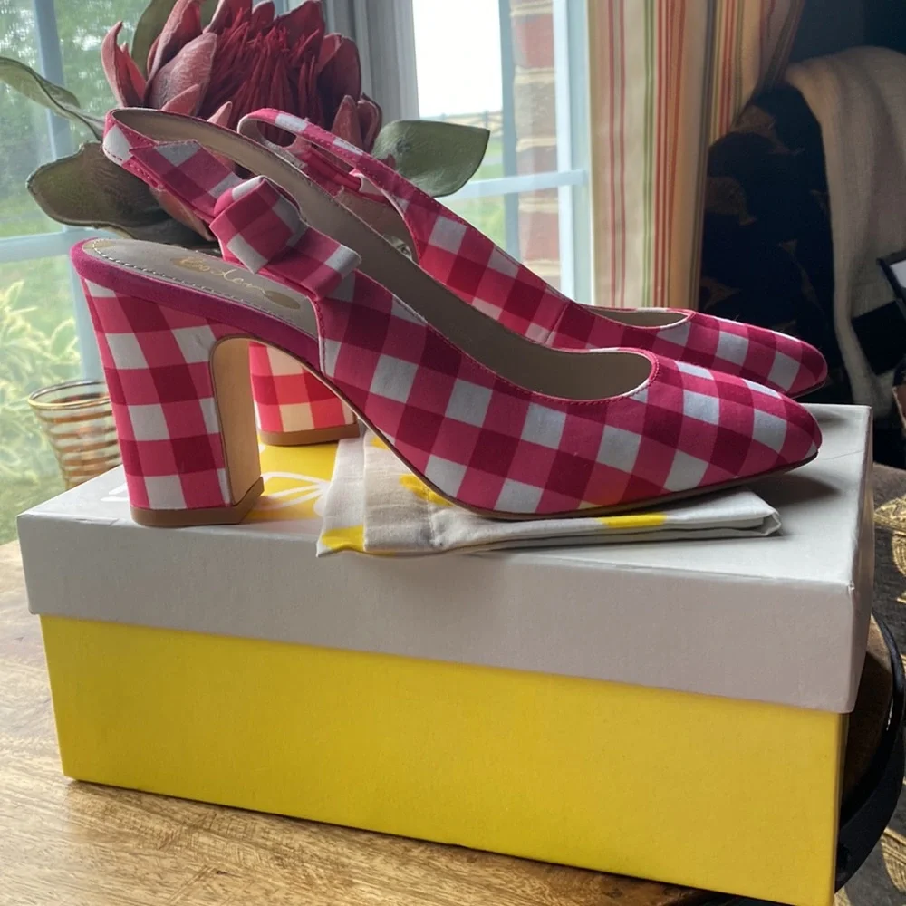 Boden, pink gingham sling back heels. Size 39. - Picture 2 of 8